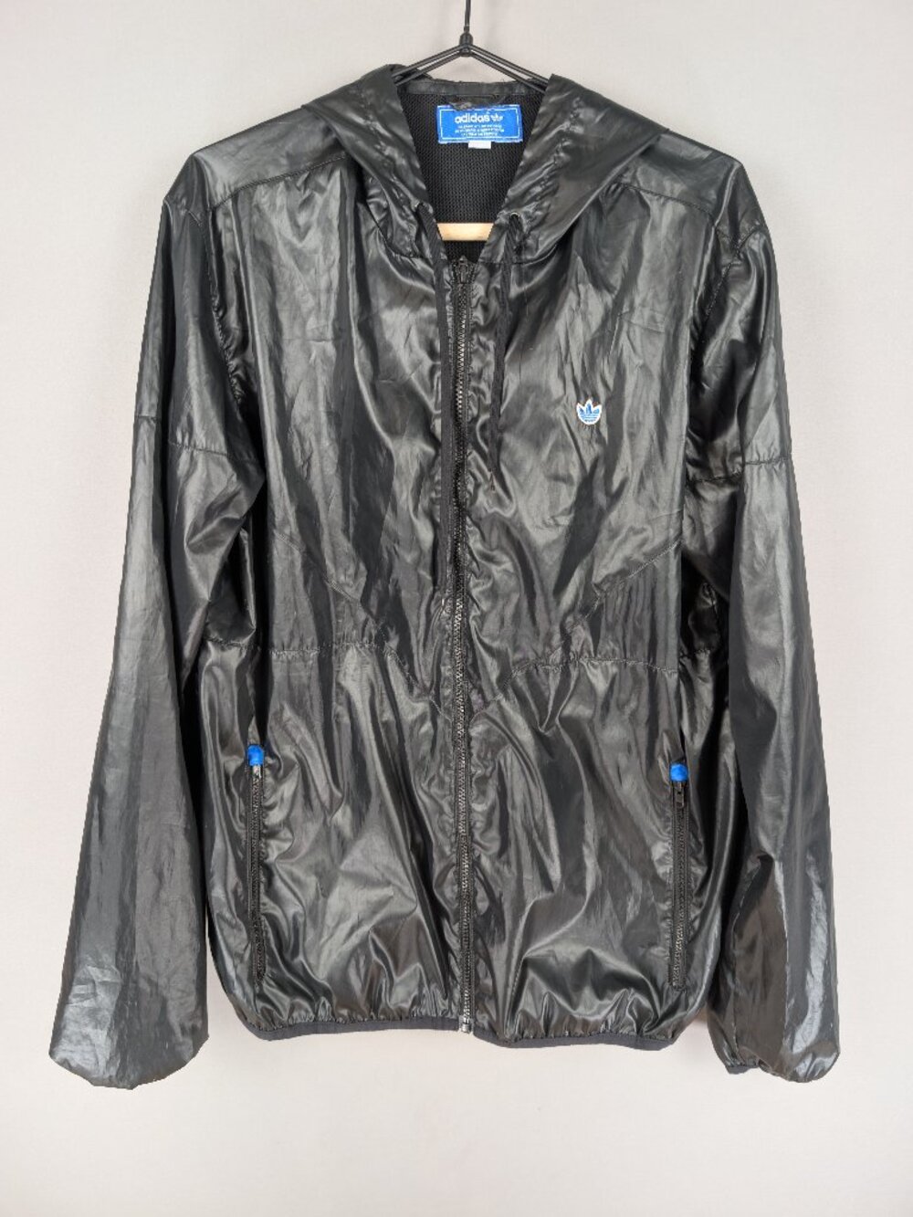 Adidas Originals Vintage Y2K Windbreaker Jacket Mens L Black Glossy Nylon